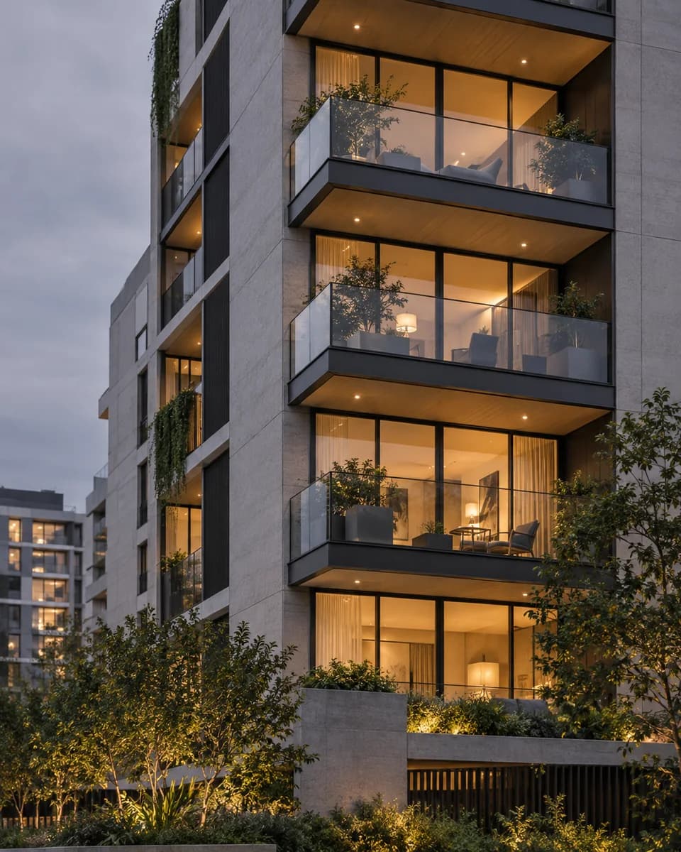 Edificio contemporáneo con departamentos y terrazas iluminadas