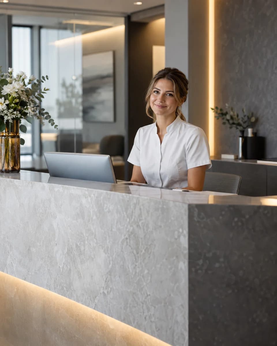 Profesional en la recepción de una clínica contemporánea